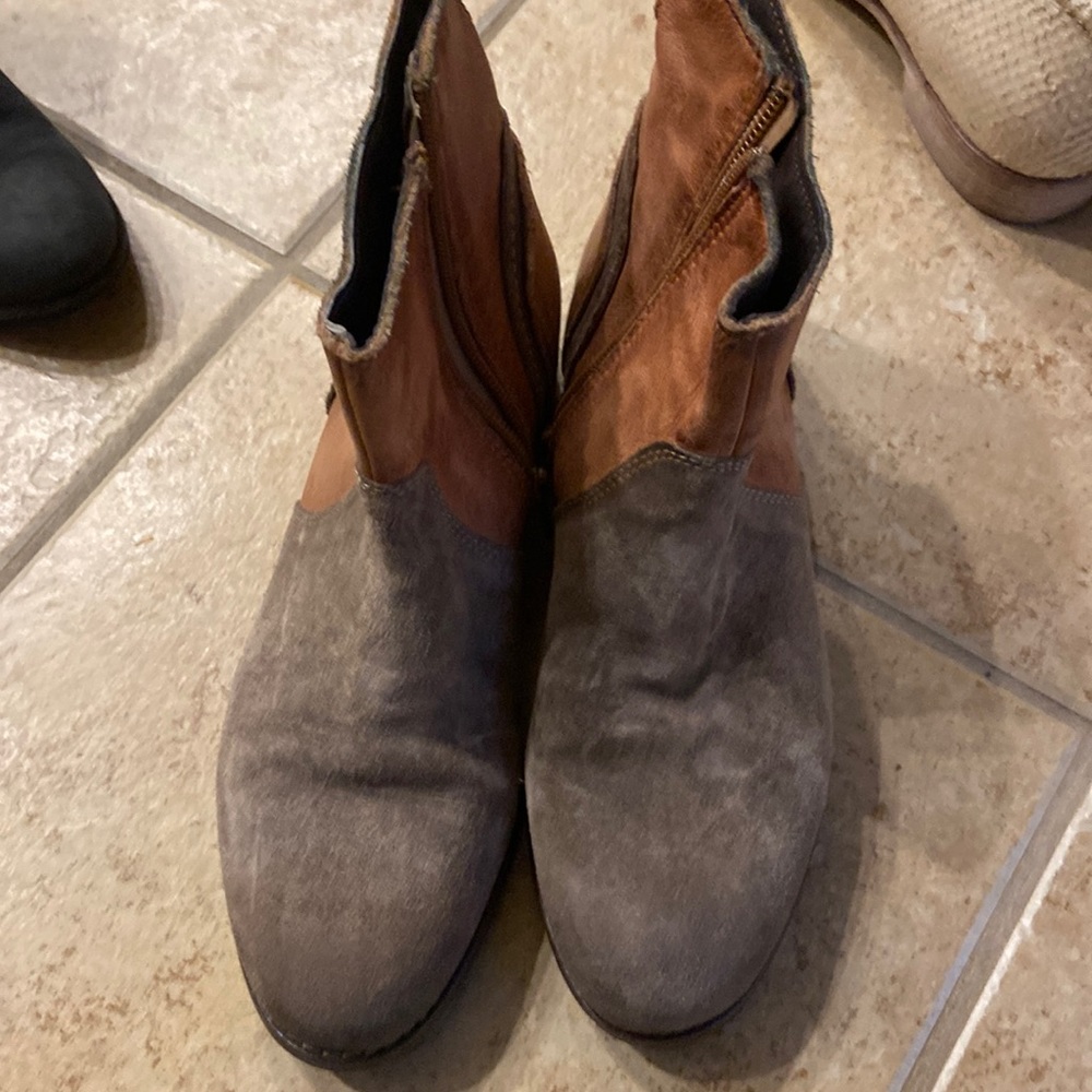 Cognac and gray zip up booties
